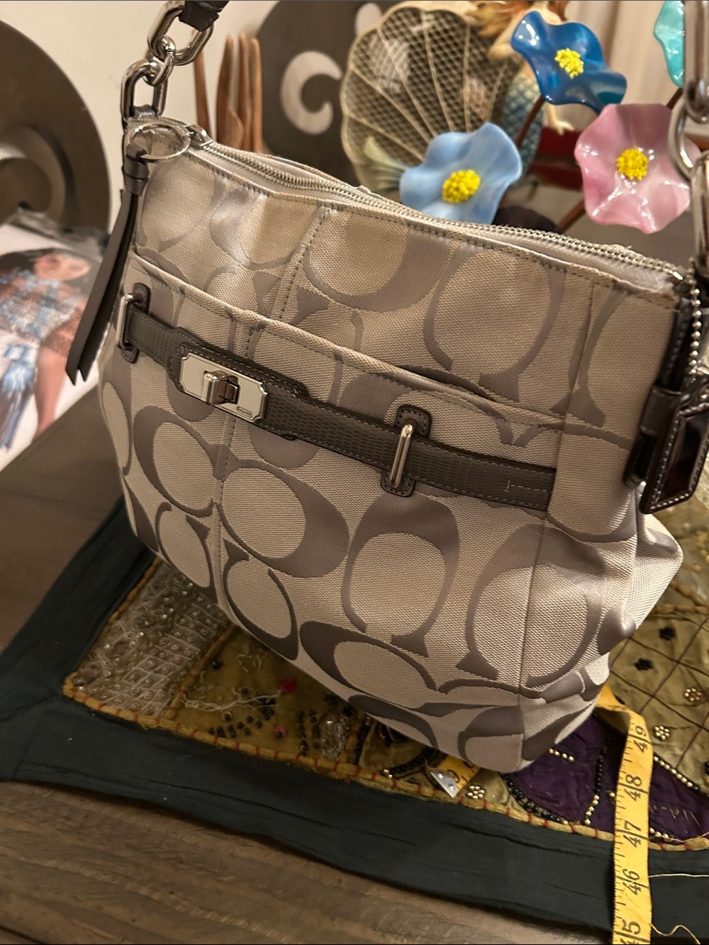 Coach Taupe Signature Canvas Shoulder Bag with Leather Trim